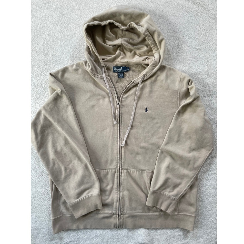 Polo Ralph Lauren Full Zip Hoodie Mens XL Tan Beige Fleece Blue Navy‎ Pony Logo